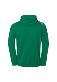 Grüne Kapuzenjacke aus glattem Stoff. Verfügt über ein perforiertes Muster an der Schulter, elastische Bündchen und eine verstellbare Kapuze.