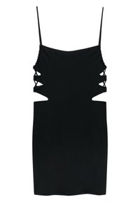 Černé mini šaty bez rukávů s tenkými ramínky, bočními výřezy a křížovým detailem na horních stranách a zádech.