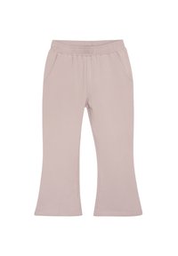 Lichtroze uitlopende broek van zachte stof, met een elastische tailleband en twee zijzakken. Gladde textuur zonder zichtbare patronen.