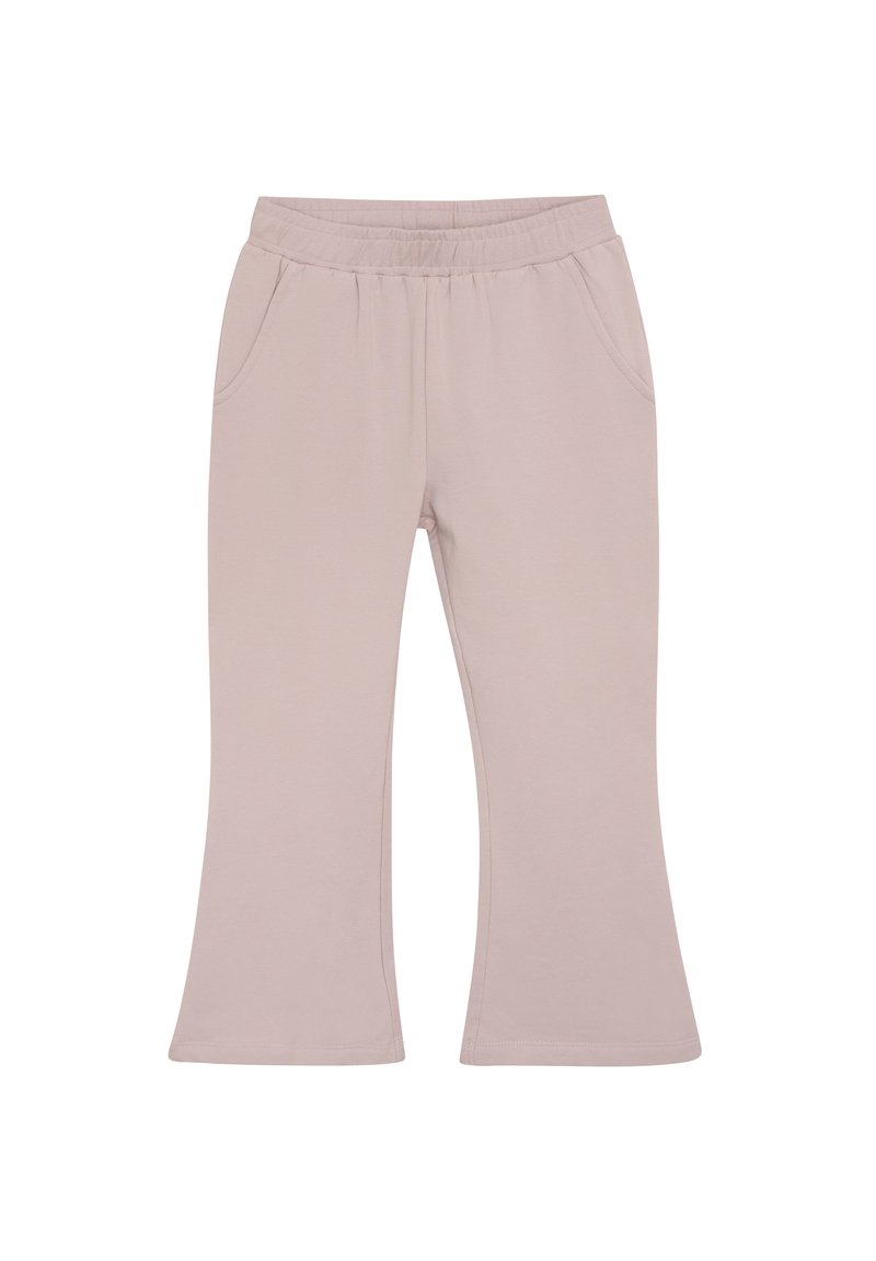Lichtroze uitlopende broek van zachte stof, met een elastische tailleband en twee zijzakken. Gladde textuur zonder zichtbare patronen.