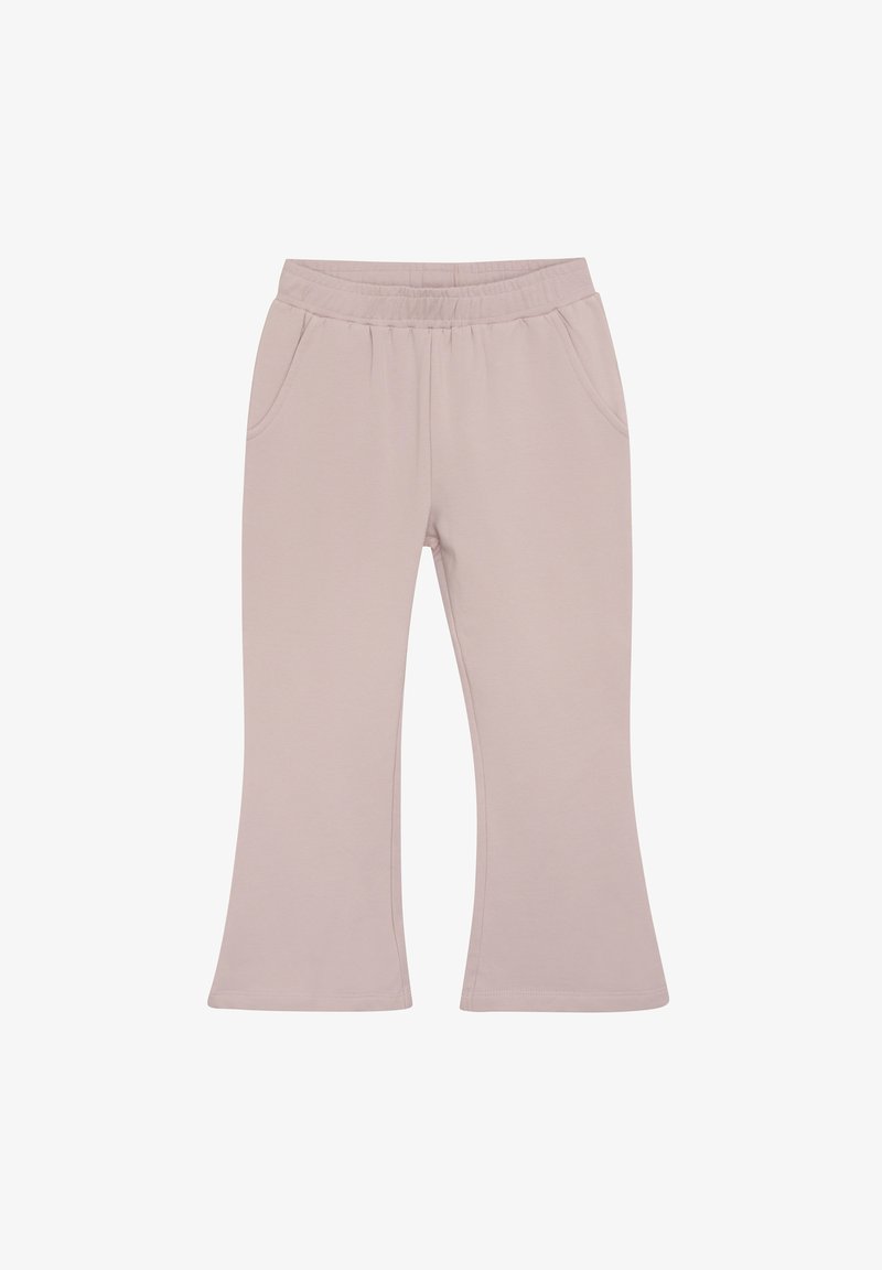 Lichtroze uitlopende broek van zachte stof, met een elastische tailleband en twee zijzakken. Gladde textuur zonder zichtbare patronen.