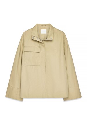 Beige jacket made of smooth fabric, featuring a high collar, front zipper, and a chest pocket. Simple design with slightly loose fit.