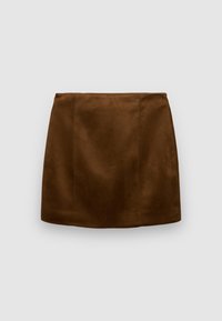 Brown suede mini skirt with a smooth texture, featuring a simple design, straight cut, and no visible hardware or embellishments.