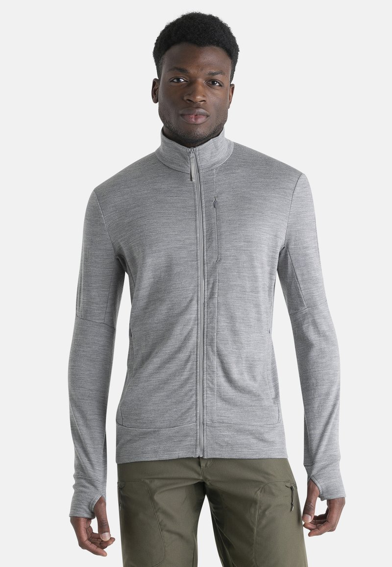 Light gray zip-up jacket with a high collar, long sleeves featuring thumbholes, and a smooth textured finish.