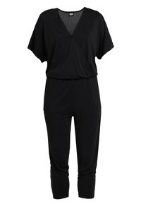 Svart jumpsuit med korte ermer, V-hals og innsnøring i midjen. Laget av myk, elastisk stoff, med en avslappet passform og korte ben.