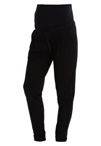 Černé těhotenské joggers s vysokým pasem, nastavitelnou šňůrkou, předními kapsami a zúženými nohavicemi. Vyrobené z měkké, pružné tkaniny.