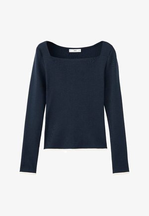 Marineblaues Langarmoberteil mit quadratischem Ausschnitt und weißem Besatz an Bündchen und Saum, gefertigt aus Rippstrickstoff.