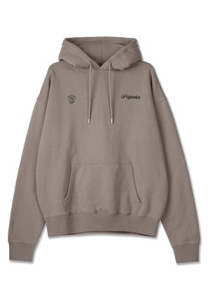 Kapuca pulover v taupe bombažu s sprednjim žepom. Vsebuje ščitni emblem in besedo "Pegador" v črni vezenini. Rjavovi rebrasti manšeti.