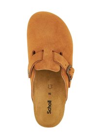 Sandal in suede marrone con slip-on, ampia fascia, fibbia regolabile, soletta sagomata e taglia "36" impressa sulla soletta.