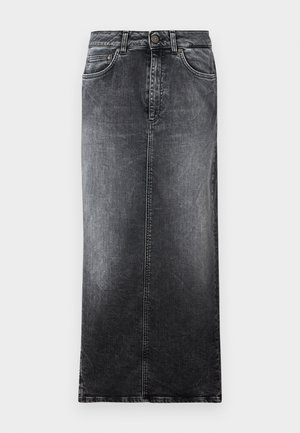 Black denim maxi skirt with a straight cut, featuring five belt loops, two front pockets, and a faded texture.