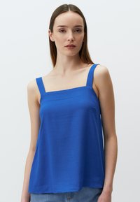 Blauwe mouwloze top van lichtgewicht stof, met een vierkante halslijn en brede banden, in een relaxte pasvorm en met een zachte textuur.