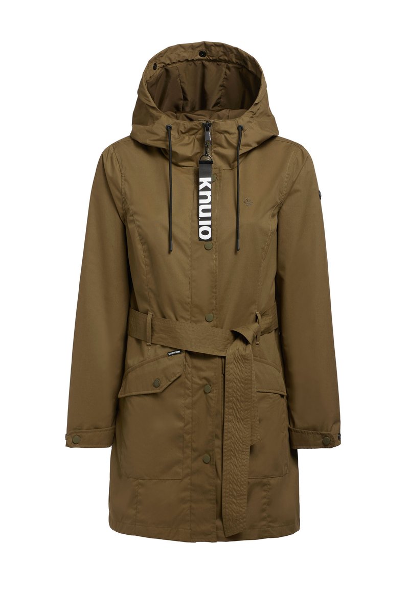 Braune Parkajacke mit Kapuze, Kordelzugverschluss und Fronttaschen. Verfügt über eine taillierte Taille und ein Logolabel am Reißverschluss.