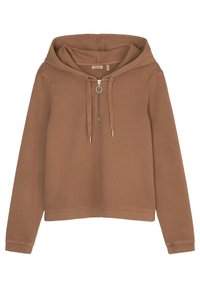 Hnědá mikina na zip s kroužkovým táhlem, dlouhými rukávy a volným střihem. Vyrobena z měkkého materiálu, s dvouvrstvou kapucí a šitým lemem.