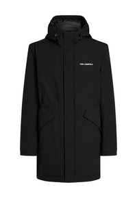 Sort vandtæt parka med hætte, lynlås lukning, justerbare stropper og trykknaplommer; glat tekstur med minimalistisk design.