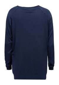 Marineblauw long sleeve pullover met een ronde hals, zachte stof, relaxed fit en zijsplitten aan de onderkant voor extra bewegingsvrijheid.