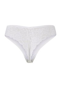 Witte kanten tong met bloemmotief, voorzien van een gladde stof aan de achterkant en golvende randen aan de kanten voorkant.
