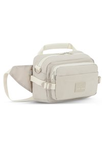 Borsa rettangolare beige chiaro realizzata in tessuto testurizzato, con due scomparti con zip, una tasca frontale e una tracolla regolabile.
