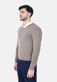 Giovane uomo che indossa un maglione taupe a V sopra una camicia bianca con colletto e jeans blu scuro, in piedi contro uno sfondo bianco semplice.
