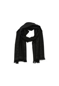 Black scarf made of soft fabric, featuring a subtle pattern. It has fringed edges and a smooth texture. Rectangular shape suitable for draping.