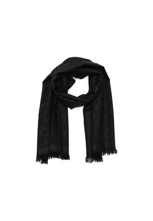 Black scarf made of soft fabric, featuring a subtle pattern. It has fringed edges and a smooth texture. Rectangular shape suitable for draping.