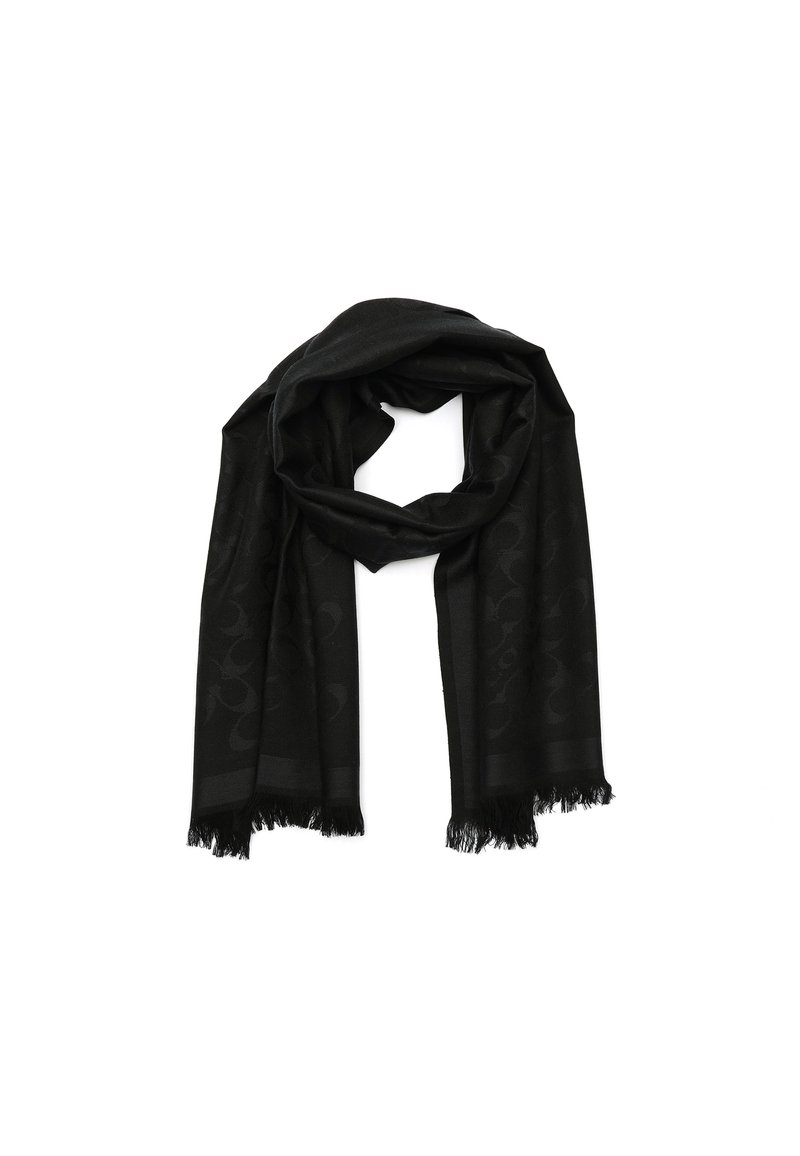 Black scarf made of soft fabric, featuring a subtle pattern. It has fringed edges and a smooth texture. Rectangular shape suitable for draping.