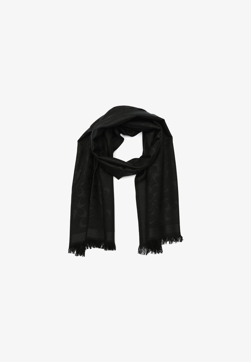 Zwarte sjaal van zacht stof, met een subtiel patroon. Het heeft franjes aan de randen en een gladde textuur. Rechthoekige vorm geschikt voor draping.