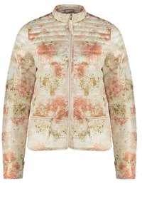 Veste matelassée beige clair avec motif abstrait éclaboussé rose et or, fermeture éclair avant et poches latérales zippées.