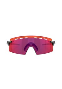 Occhiali sportivi avvolgenti con montatura arancione e lenti viola. Presentano dettagli neri e slot di ventilazione lungo la parte superiore.