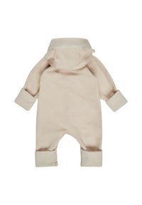 Beige fleece-lined baby onesie with a hood, textured fabric, and contrasting soft cuffs, featuring playful ear accents on the hood.