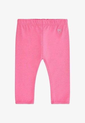 Rosa Baumwollleggings mit einem elastischen Bund und einem kleinen Bärenlogo auf der Vorderseite. Glatte Textur und knöchellanges Design.