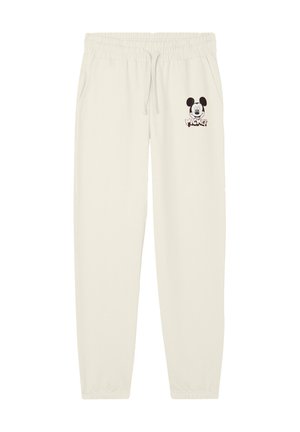 Pantaloni della tuta color crema con vita elastica, tasche laterali e una piccola grafica di Topolino sulla gamba sinistra. Tessuto morbido.