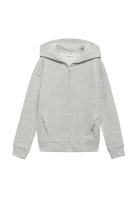 Haut de hoodie zippé gris clair avec une grande capuche, des poches latérales et des poignets côtelés. Fabriqué en matériau doux et texturé pour le confort.