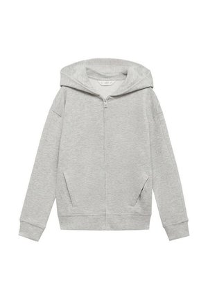 Haut de hoodie zippé gris clair avec une grande capuche, des poches latérales et des poignets côtelés. Fabriqué en matériau doux et texturé pour le confort.