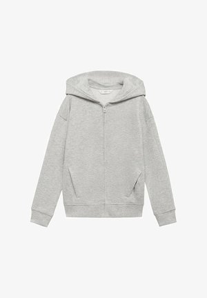 Haut de hoodie zippé gris clair avec une grande capuche, des poches latérales et des poignets côtelés. Fabriqué en matériau doux et texturé pour le confort.