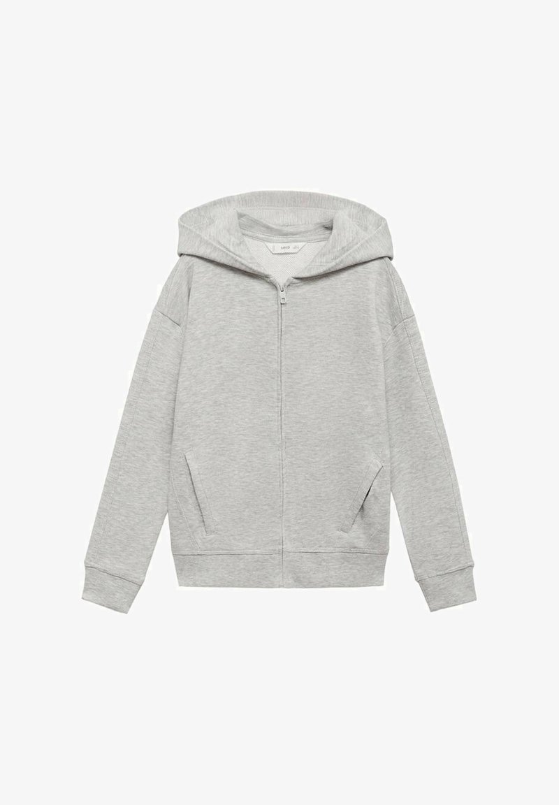 Haut de hoodie zippé gris clair avec une grande capuche, des poches latérales et des poignets côtelés. Fabriqué en matériau doux et texturé pour le confort.