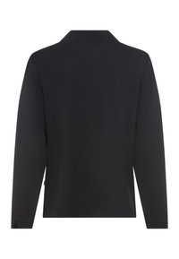 Zwart shirt met lange mouwen en een kraag, met een gladde textuur, een rechte zoom en zijopeningen voor bewegingsvrijheid.