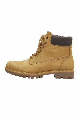 Tan leather ankle boot with brown fabric collar, round toe, six eyelet lace-up design, and rugged rubber sole for traction.