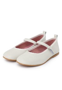 Ballerine grigio chiaro con punta arrotondata, fascia elastica e interno rosa delicato. Presentano una suola piatta in gomma beige e un design minimalista.