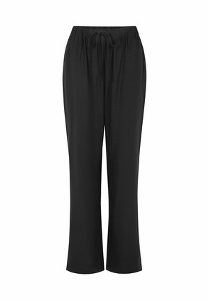 Pantalon noir léger avec une coupe décontractée, doté d'une taille élastique et d'un cordon de serrage. Texture lisse, longueur complète.
