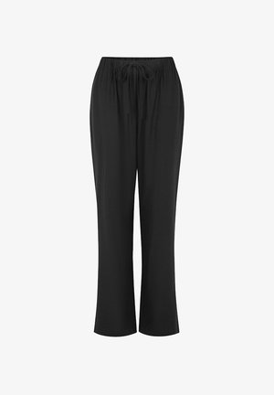 Pantalon noir léger avec une coupe décontractée, doté d'une taille élastique et d'un cordon de serrage. Texture lisse, longueur complète.
