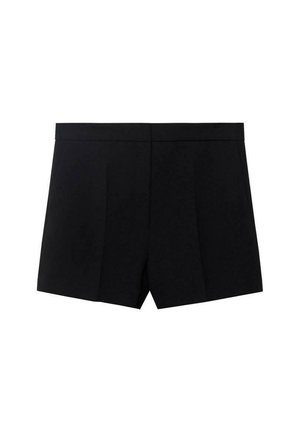 Černé kraťasy s hladkou texturou, s plisovaným designem. Pas je plochý a délka je do poloviny stehna.