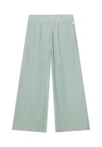 Pantaloni a palazzo plissettati di un verde menta chiaro, con cintura elastica e un piccolo dettaglio a forma di cuore metallico sul lato. Texture liscia.