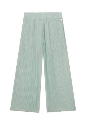 Pantaloni a palazzo plissettati di un verde menta chiaro, con cintura elastica e un piccolo dettaglio a forma di cuore metallico sul lato. Texture liscia.