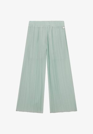 Pantaloni a palazzo plissettati di un verde menta chiaro, con cintura elastica e un piccolo dettaglio a forma di cuore metallico sul lato. Texture liscia.