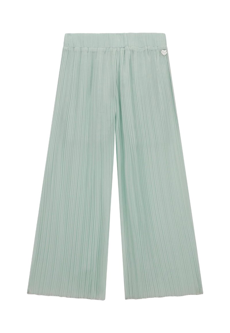 Pantaloni a palazzo plissettati di un verde menta chiaro, con cintura elastica e un piccolo dettaglio a forma di cuore metallico sul lato. Texture liscia.