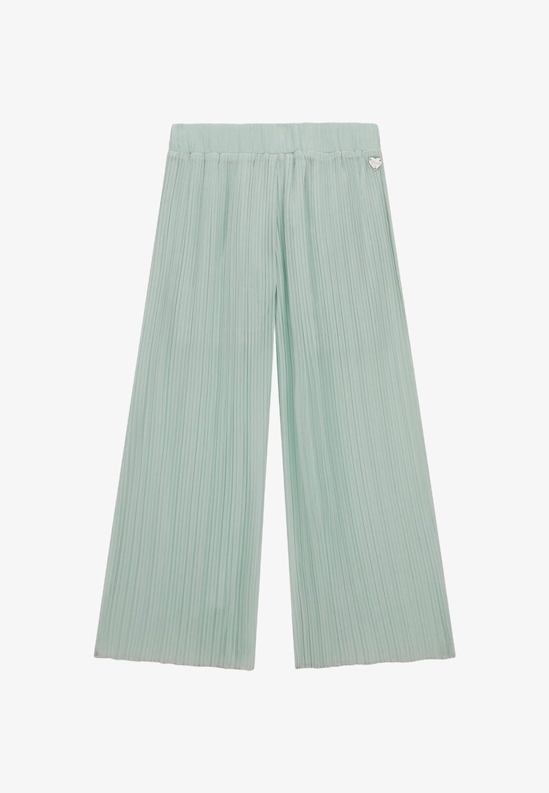 Pantaloni a palazzo plissettati di un verde menta chiaro, con cintura elastica e un piccolo dettaglio a forma di cuore metallico sul lato. Texture liscia.