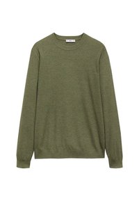 Olive green sweater, made of textured fabric, featuring a crew neck and long sleeves. Straight hem with ribbed knit cuffs and waistband.