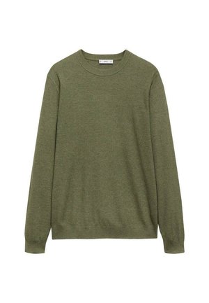 Olive green sweater, made of textured fabric, featuring a crew neck and long sleeves. Straight hem with ribbed knit cuffs and waistband.