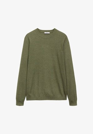 Olivgrüner Pullover aus strukturiertem Stoff, mit Rundhalsausschnitt und langen Ärmeln. Gerade Säume mit gerippten Bündchen und Taillenbund.