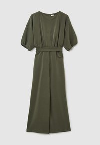 Salopette verde oliva con vita abbinata, maniche corte a palloncino, scollatura a V e design con gamba dritta, realizzata in un tessuto morbido e elastico.